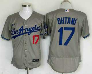 Mens Los Angeles Dodgers #17 Shohei Ohtani Number Gray With Los Stitched Flex Base Nike Jersey->los angeles dodgers->MLB Jersey